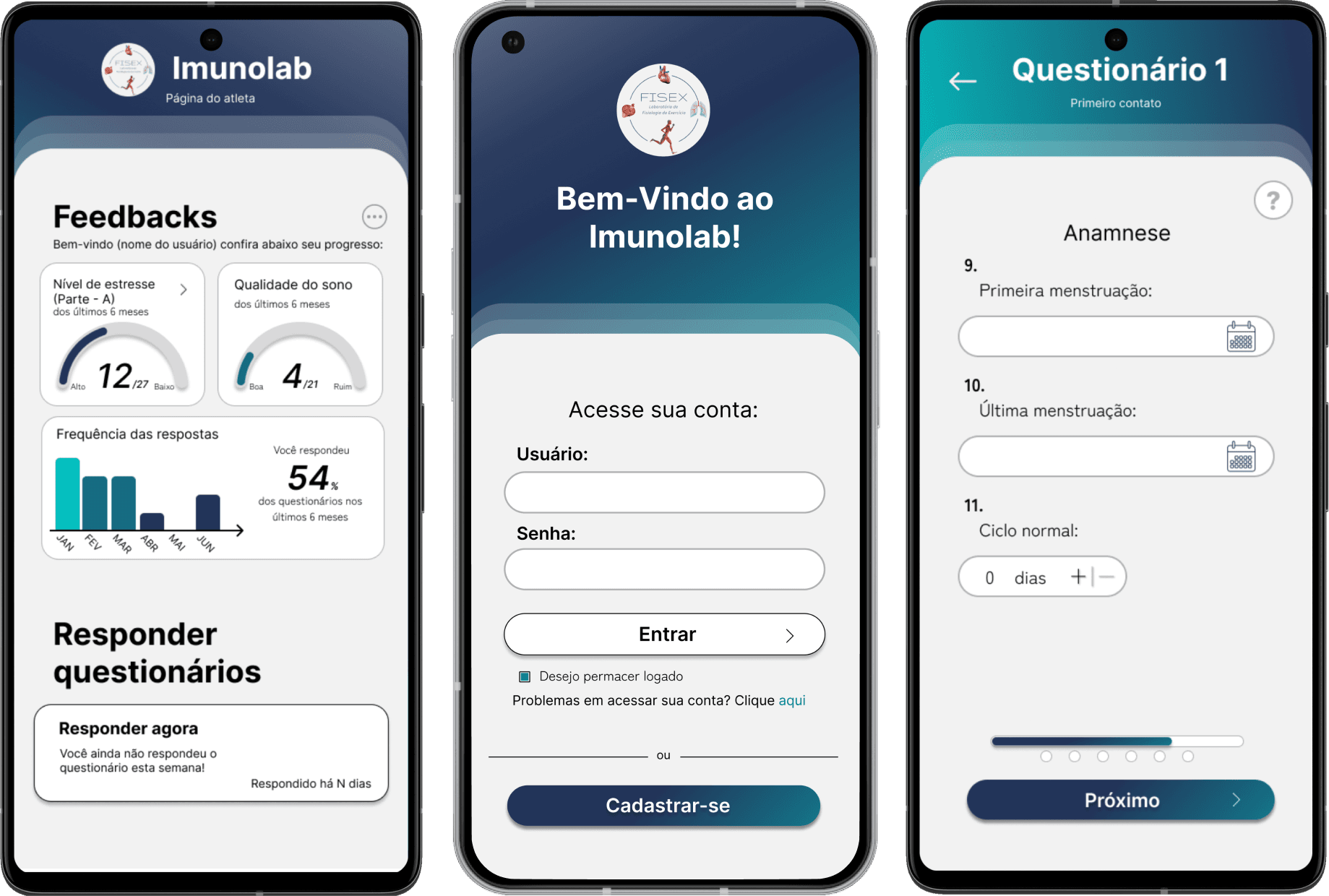Três smartphones mostram a prototipação de um aplicativo, feito pela Conpec.